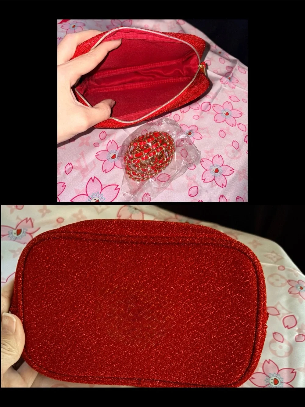 Red Glitter Cosmetic Pouch - Compact Women's Makeup Bag